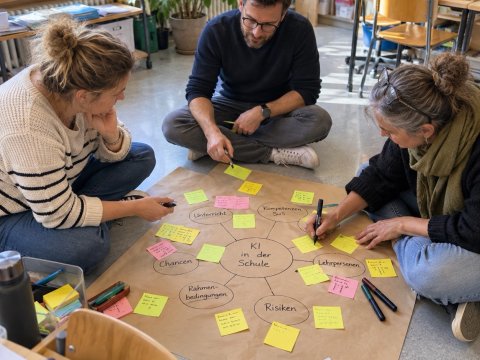 Drei Lehrpersonen sitzen auf dem Boden um ein grosses Papier und sammeln mit Haftnotizen Ideen zum Umgang mit KI in der Schule.