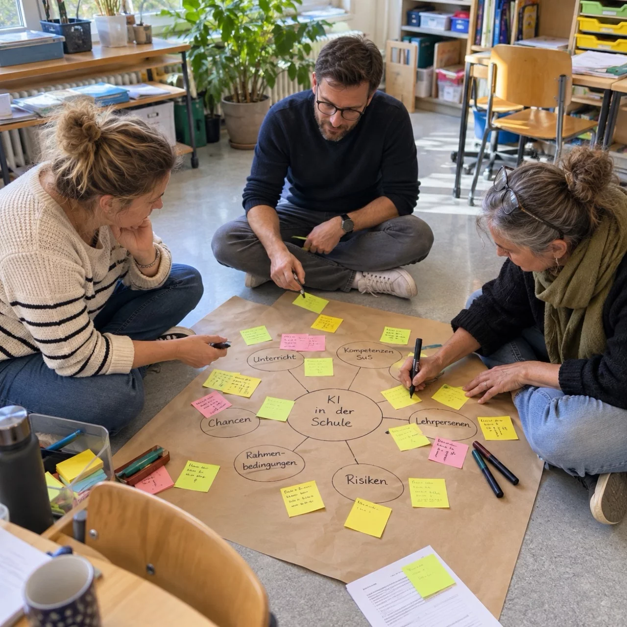 Drei Lehrpersonen sitzen auf dem Boden um ein grosses Papier und sammeln mit Haftnotizen Ideen zum Umgang mit KI in der Schule.