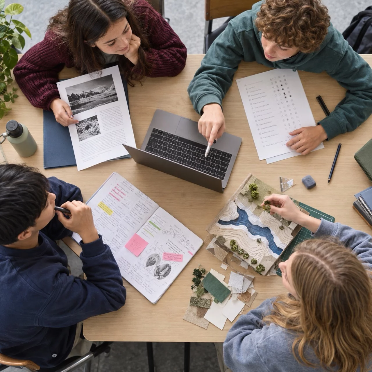 Vier Schülerinnen und Schüler arbeiten mit Laptop, Arbeitsblättern, Notizen und einem Modell – als Darstellung unterschiedlicher Formen des Lernens mit und ohne KI im ISAR-Modell.